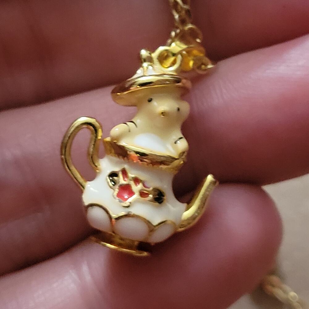 Cute mouse peeking out of a tea pot enamel necklace
